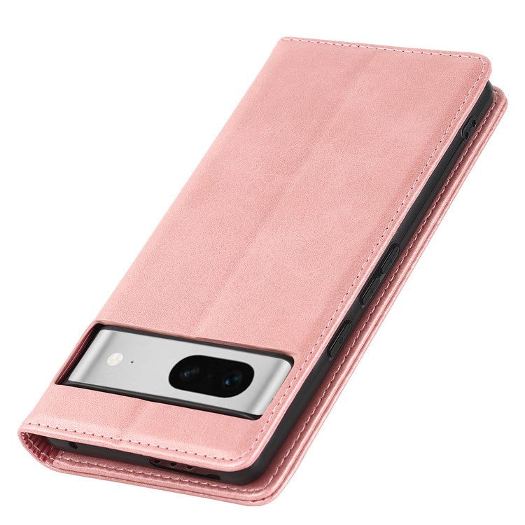 For Google Pixel 7 5G Phone Case Calf Texture Wallet Case Stand Magnetic Absorption All-Inclusive Shockproof Phone Cover - Rose Gold