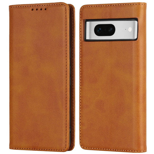 For Google Pixel 7 5G Phone Case Calf Texture Wallet Case Stand Magnetic Absorption All-Inclusive Shockproof Phone Cover - Light Brown