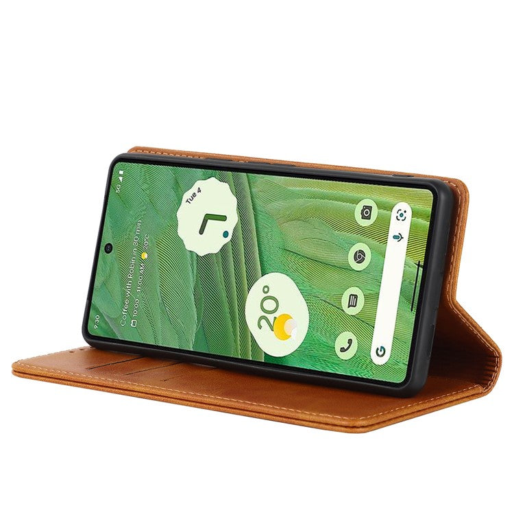 For Google Pixel 7 5G Phone Case Calf Texture Wallet Case Stand Magnetic Absorption All-Inclusive Shockproof Phone Cover - Light Brown
