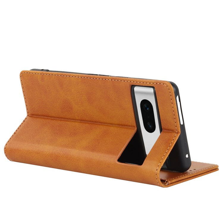 For Google Pixel 7 5G Phone Case Calf Texture Wallet Case Stand Magnetic Absorption All-Inclusive Shockproof Phone Cover - Light Brown