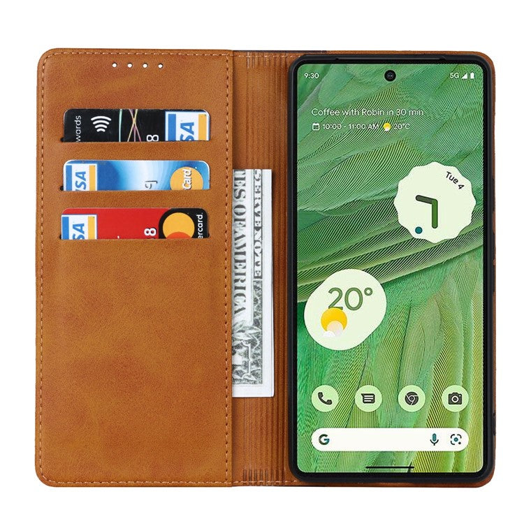 For Google Pixel 7 5G Calf Texture PU Leather Wallet Case Stand Magnetic Auto-absorbed Bi-color Splicing Flip Folio Phone Cover - Yellow  /  Brown