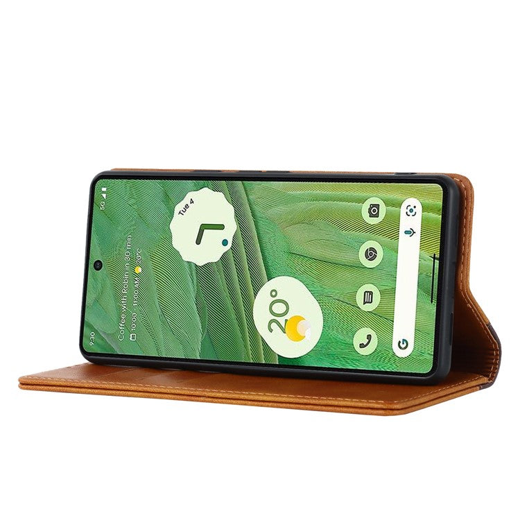 For Google Pixel 7 5G Calf Texture PU Leather Wallet Case Stand Magnetic Auto-absorbed Bi-color Splicing Flip Folio Phone Cover - Yellow  /  Brown