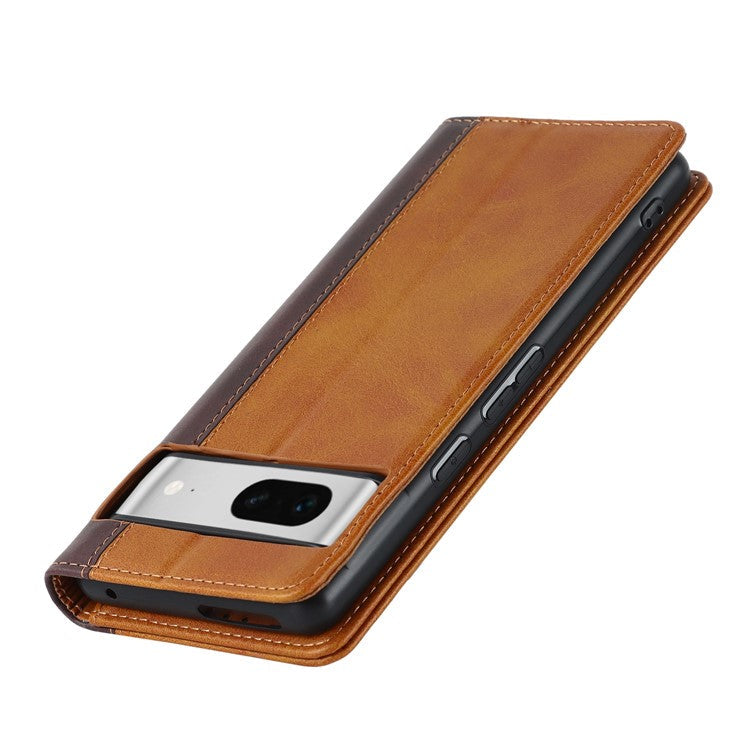 For Google Pixel 7 5G Calf Texture PU Leather Wallet Case Stand Magnetic Auto-absorbed Bi-color Splicing Flip Folio Phone Cover - Yellow  /  Brown