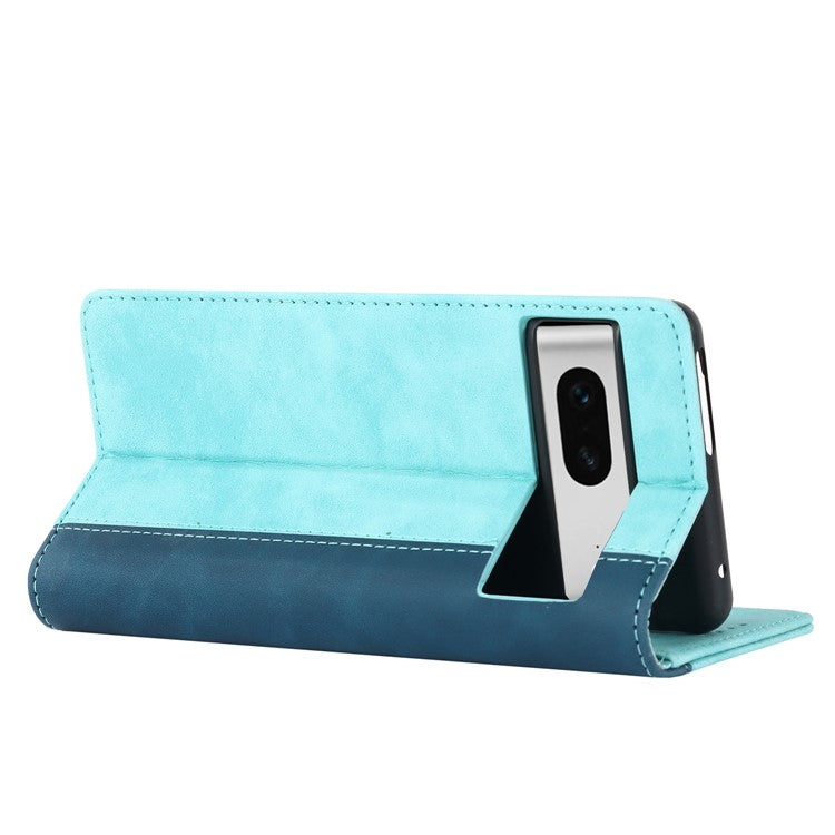 For Google Pixel 7 5G Calf Texture PU Leather Wallet Case Stand Magnetic Auto-absorbed Bi-color Splicing Flip Folio Phone Cover - Light Blue  /  Dark Blue