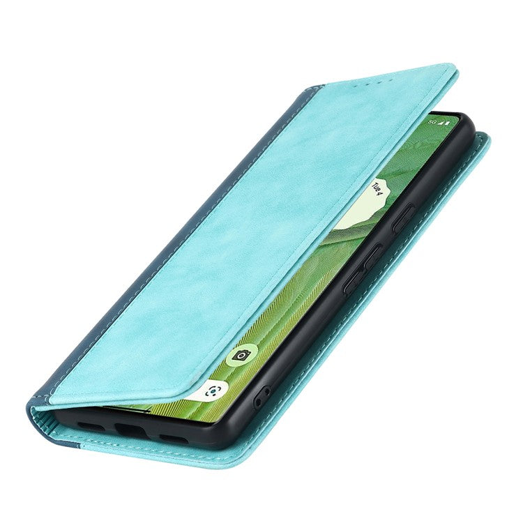 For Google Pixel 7 5G Calf Texture PU Leather Wallet Case Stand Magnetic Auto-absorbed Bi-color Splicing Flip Folio Phone Cover - Light Blue  /  Dark Blue