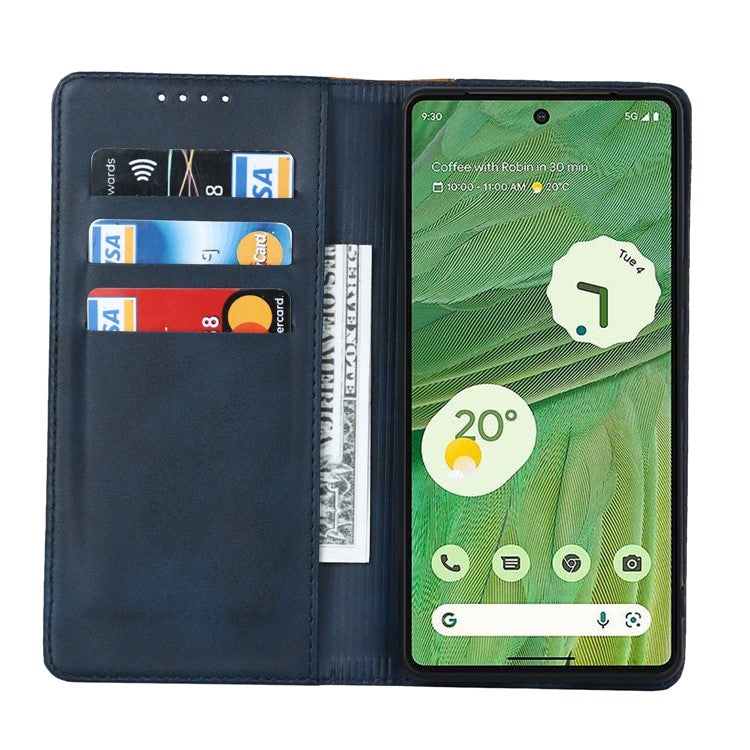 For Google Pixel 7 5G Calf Texture PU Leather Wallet Case Stand Magnetic Auto-absorbed Bi-color Splicing Flip Folio Phone Cover - Blue  /  Yellow
