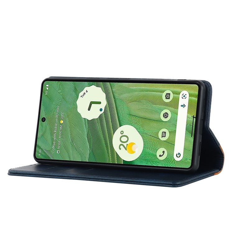 For Google Pixel 7 5G Calf Texture PU Leather Wallet Case Stand Magnetic Auto-absorbed Bi-color Splicing Flip Folio Phone Cover - Blue  /  Yellow