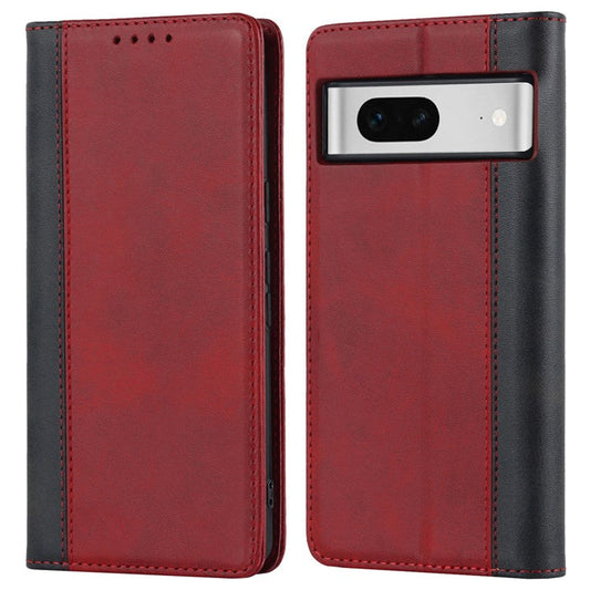 For Google Pixel 7 5G Calf Texture PU Leather Wallet Case Stand Magnetic Auto-absorbed Bi-color Splicing Flip Folio Phone Cover - Red  /  Black