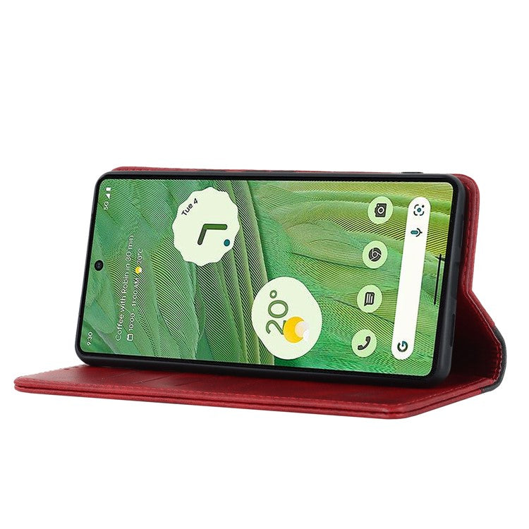 For Google Pixel 7 5G Calf Texture PU Leather Wallet Case Stand Magnetic Auto-absorbed Bi-color Splicing Flip Folio Phone Cover - Red  /  Black