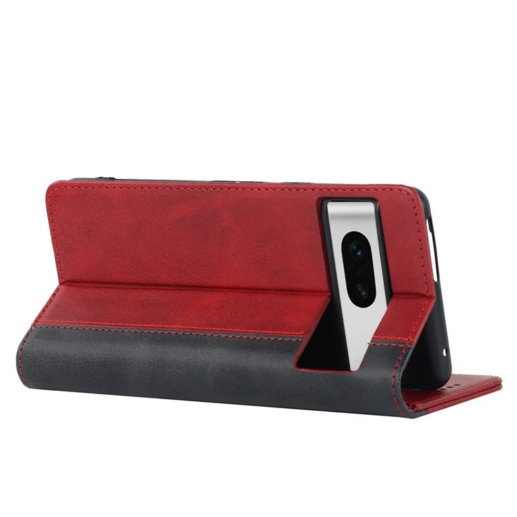 For Google Pixel 7 5G Calf Texture PU Leather Wallet Case Stand Magnetic Auto-absorbed Bi-color Splicing Flip Folio Phone Cover - Red  /  Black