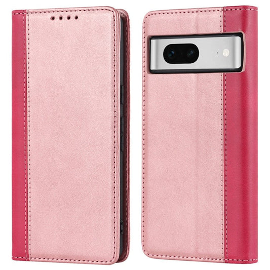 For Google Pixel 7 5G Calf Texture PU Leather Wallet Case Stand Magnetic Auto-absorbed Bi-color Splicing Flip Folio Phone Cover - Rose Gold  /  Rose