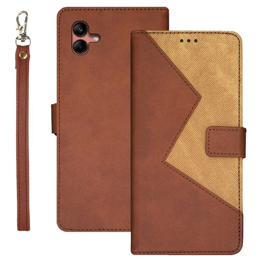 IDEWEI For Samsung Galaxy A04 4G (164.4 x 76.3 x 9.1 mm) Color Splicing PU Leather Card Slots Cover Foldable Stand Magnetic Closure Flip Phone Case - Brown