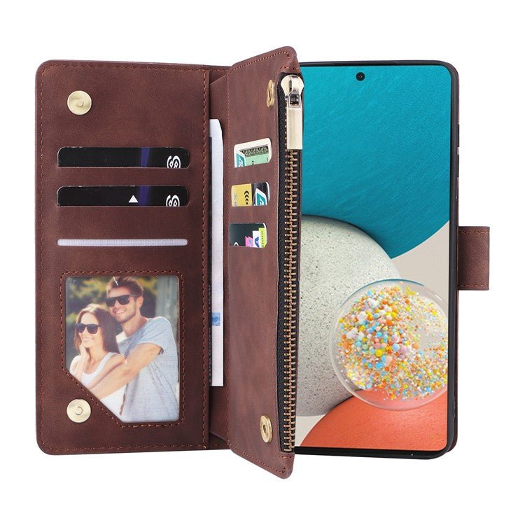 For Samsung Galaxy A23 5G (Global Version) / A23 4G / M23 5G / F23 5G Multiple Card Slots Zipper Pocket PU Leather Phone Stand Case Magnetic Clasp Wallet Cover - Coffee