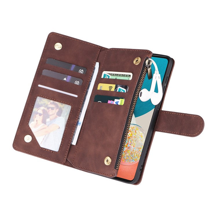 For Samsung Galaxy A23 5G (Global Version) / A23 4G / M23 5G / F23 5G Multiple Card Slots Zipper Pocket PU Leather Phone Stand Case Magnetic Clasp Wallet Cover - Coffee