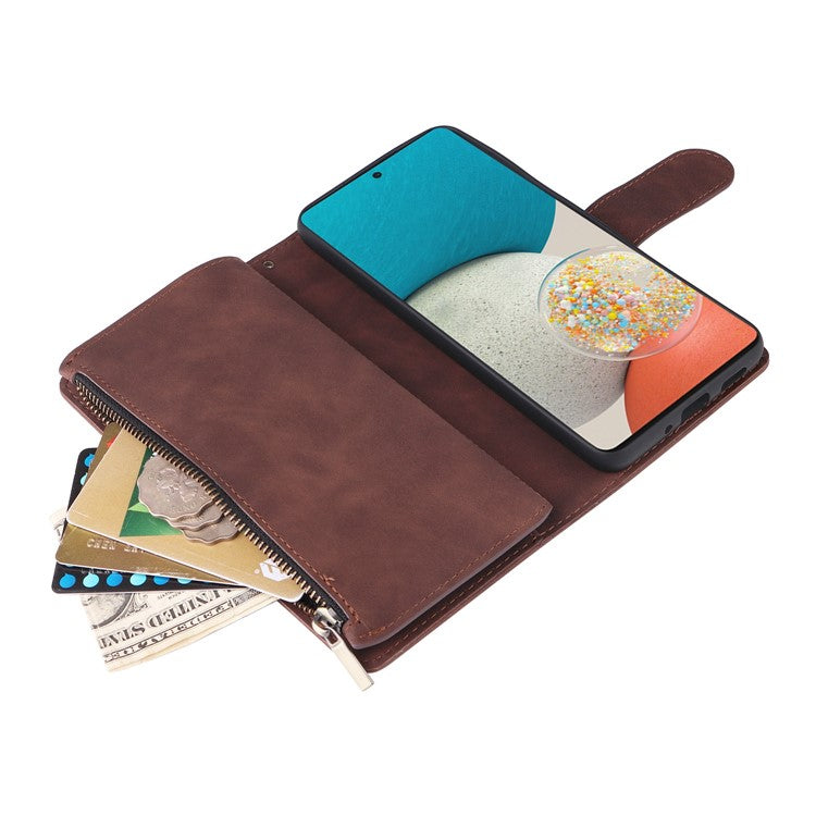 For Samsung Galaxy A23 5G (Global Version) / A23 4G / M23 5G / F23 5G Multiple Card Slots Zipper Pocket PU Leather Phone Stand Case Magnetic Clasp Wallet Cover - Coffee