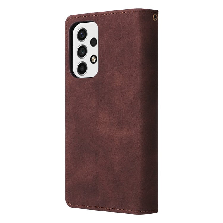 For Samsung Galaxy A23 5G (Global Version) / A23 4G / M23 5G / F23 5G Multiple Card Slots Zipper Pocket PU Leather Phone Stand Case Magnetic Clasp Wallet Cover - Coffee