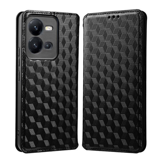 Phone Cover for vivo V25 5G / V25e 4G / X80 Lite 5G Bump Proof Rhombus Pattern Imprinted Magnetic PU Leather Flip Wallet Case Stand - Black