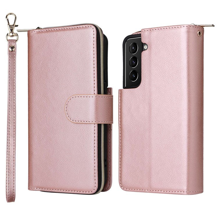 For Samsung Galaxy S23 Stand Wallet Phone PU Leather Flip Case Magnetic 9 Card Holder Slots Zipper Pocket Cover with Strap - Rose Gold