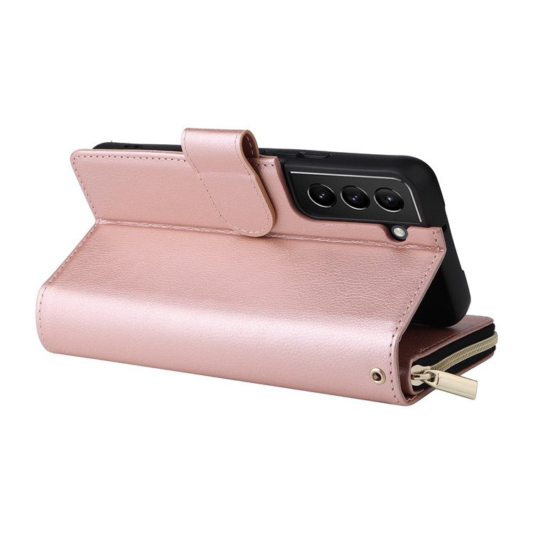 For Samsung Galaxy S23 Stand Wallet Phone PU Leather Flip Case Magnetic 9 Card Holder Slots Zipper Pocket Cover with Strap - Rose Gold