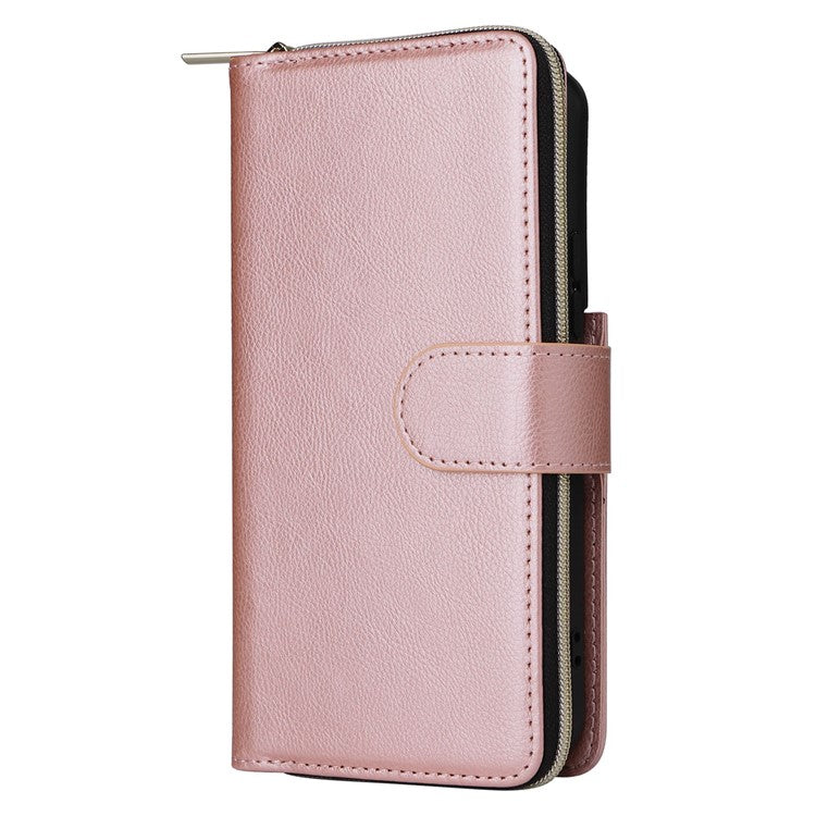 For Samsung Galaxy S23 Stand Wallet Phone PU Leather Flip Case Magnetic 9 Card Holder Slots Zipper Pocket Cover with Strap - Rose Gold