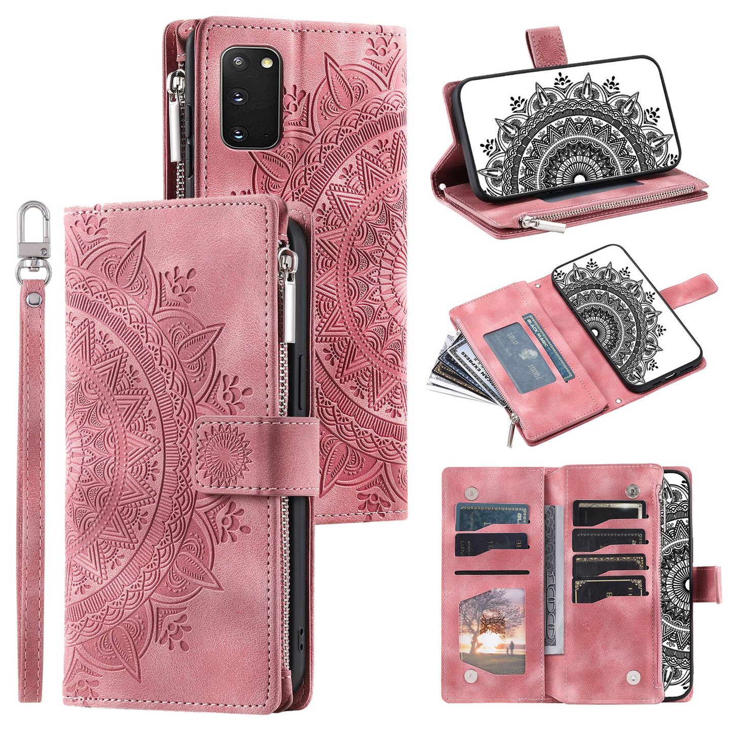 For Samsung Galaxy S20 4G / S20 5G Shockproof Case Mandala Flower Imprinted PU Leather Cover Magnetic Clasp Multi Card Slot Protective Cover with Zippered Wallet / Strap - Rose Gold