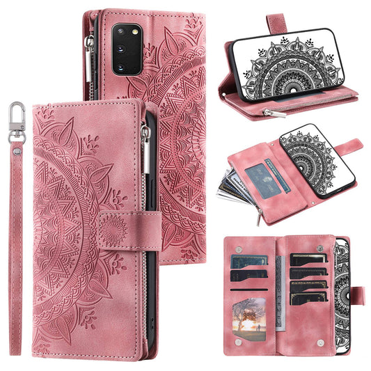 For Samsung Galaxy S20 4G / S20 5G Shockproof Case Mandala Flower Imprinted PU Leather Cover Magnetic Clasp Multi Card Slot Protective Cover with Zippered Wallet / Strap - Rose Gold