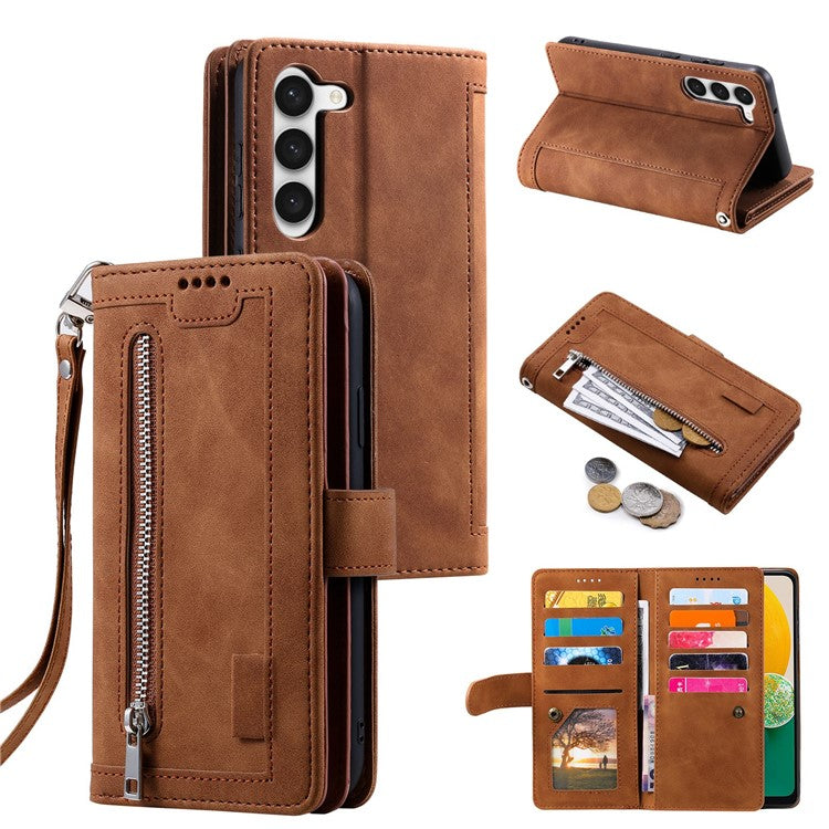 Leather Phone Case for Samsung Galaxy S23 Anti-Fall Protective Cover Multi Card Slot Phone Case with Zipper Wallet / Strap - Brown
