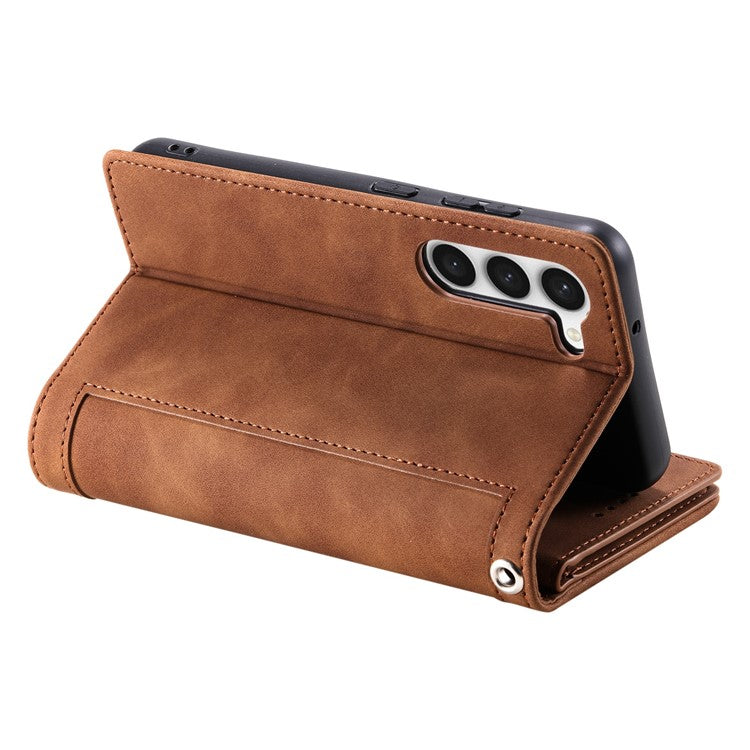 Leather Phone Case for Samsung Galaxy S23 Anti-Fall Protective Cover Multi Card Slot Phone Case with Zipper Wallet / Strap - Brown