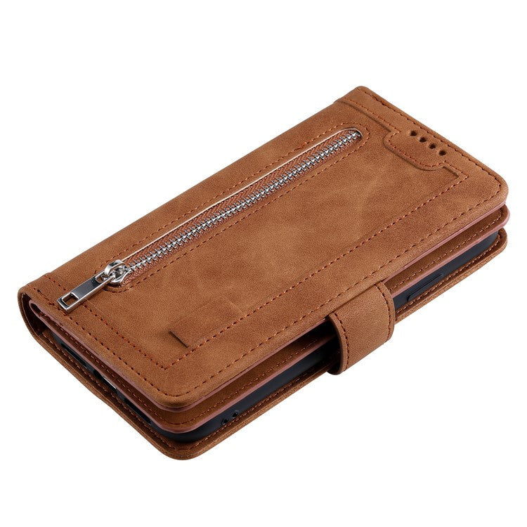 Leather Phone Case for Samsung Galaxy S23 Anti-Fall Protective Cover Multi Card Slot Phone Case with Zipper Wallet / Strap - Brown
