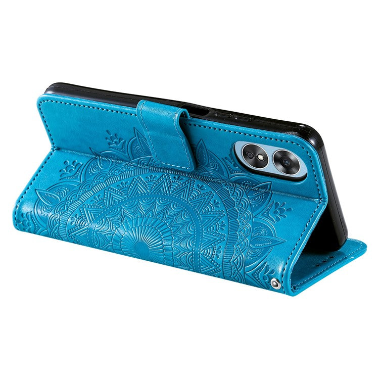 Mandala Flower Imprinted PU Leather Case for Oppo A17 4G / A17k 4G , Flip Stand Magnetic Clasp Protection Wallet Cover - Blue