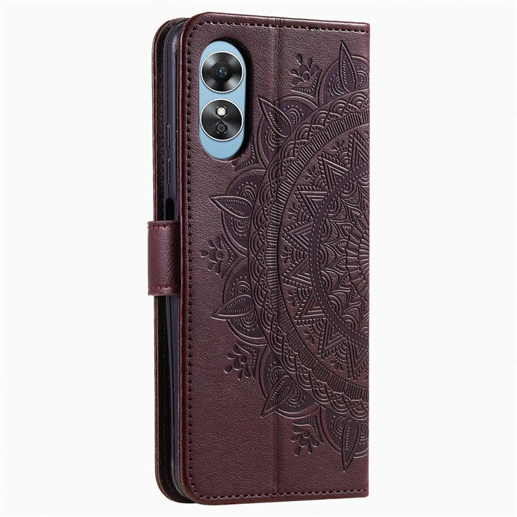 Mandala Flower Imprinted PU Leather Case for Oppo A17 4G / A17k 4G , Flip Stand Magnetic Clasp Protection Wallet Cover - Brown