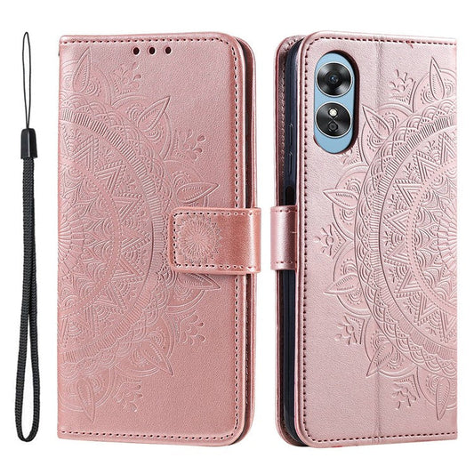 Mandala Flower Imprinted PU Leather Case for Oppo A17 4G / A17k 4G , Flip Stand Magnetic Clasp Protection Wallet Cover - Rose Gold