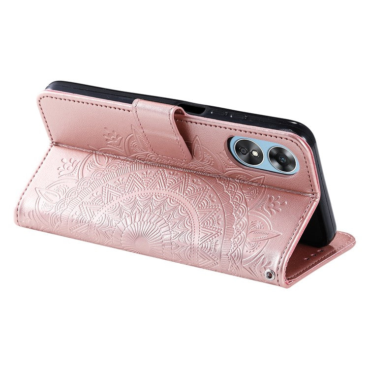 Mandala Flower Imprinted PU Leather Case for Oppo A17 4G / A17k 4G , Flip Stand Magnetic Clasp Protection Wallet Cover - Rose Gold