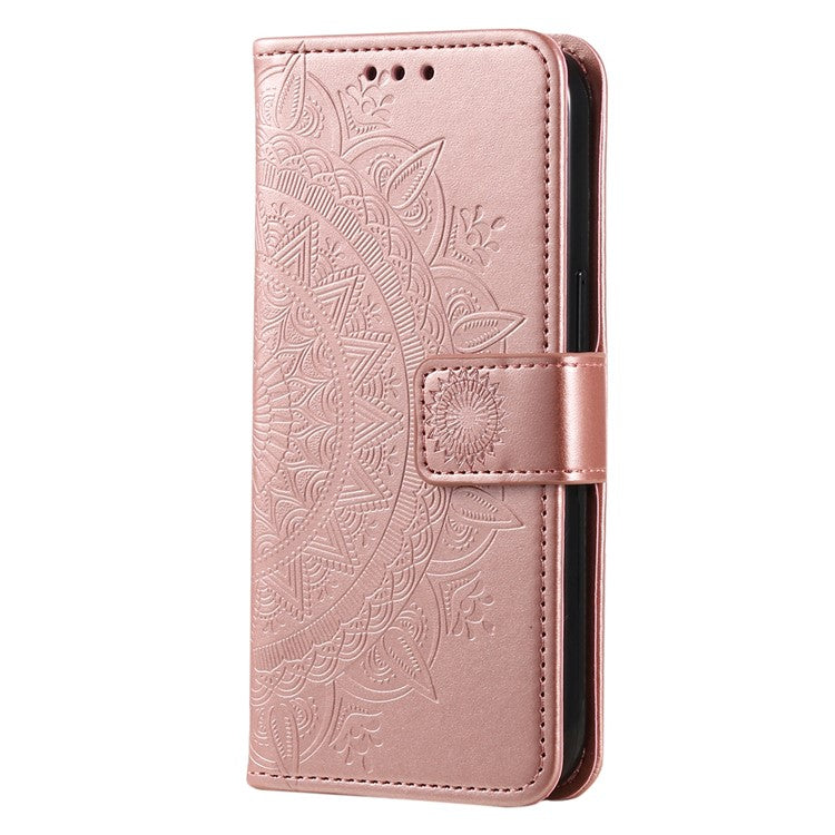 Mandala Flower Imprinted PU Leather Case for Oppo A17 4G / A17k 4G , Flip Stand Magnetic Clasp Protection Wallet Cover - Rose Gold
