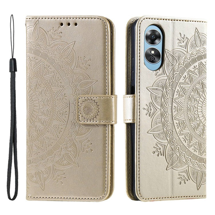 Mandala Flower Imprinted PU Leather Case for Oppo A17 4G / A17k 4G , Flip Stand Magnetic Clasp Protection Wallet Cover - Gold