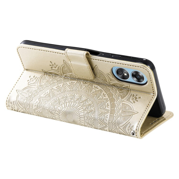 Mandala Flower Imprinted PU Leather Case for Oppo A17 4G / A17k 4G , Flip Stand Magnetic Clasp Protection Wallet Cover - Gold