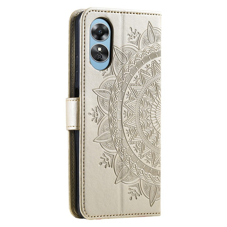 Mandala Flower Imprinted PU Leather Case for Oppo A17 4G / A17k 4G , Flip Stand Magnetic Clasp Protection Wallet Cover - Gold