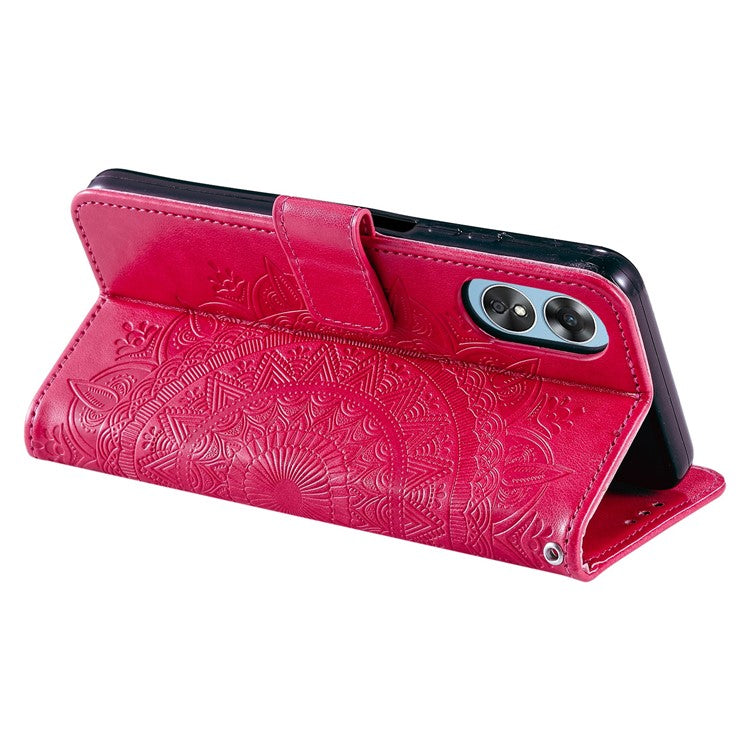Mandala Flower Imprinted PU Leather Case for Oppo A17 4G / A17k 4G , Flip Stand Magnetic Clasp Protection Wallet Cover - Red
