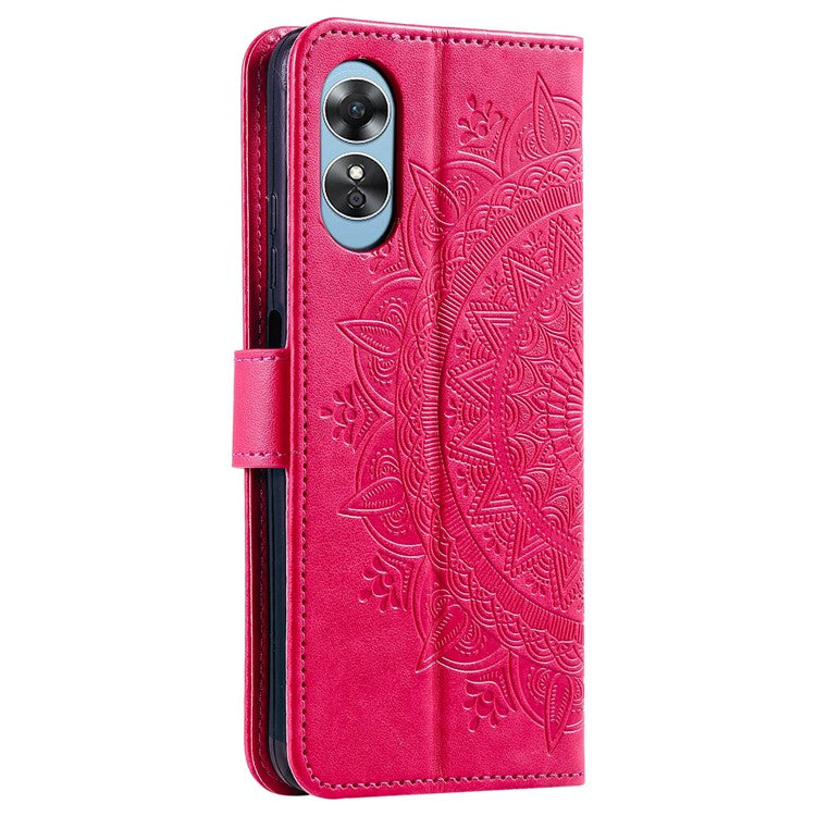 Mandala Flower Imprinted PU Leather Case for Oppo A17 4G / A17k 4G , Flip Stand Magnetic Clasp Protection Wallet Cover - Red