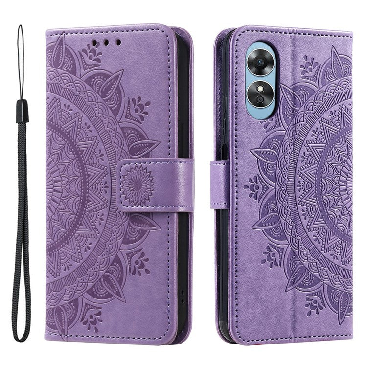 Mandala Flower Imprinted PU Leather Case for Oppo A17 4G / A17k 4G , Flip Stand Magnetic Clasp Protection Wallet Cover - Purple