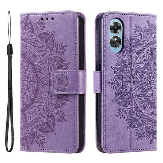 Mandala Flower Imprinted PU Leather Case for Oppo A17 4G / A17k 4G , Flip Stand Magnetic Clasp Protection Wallet Cover - Purple