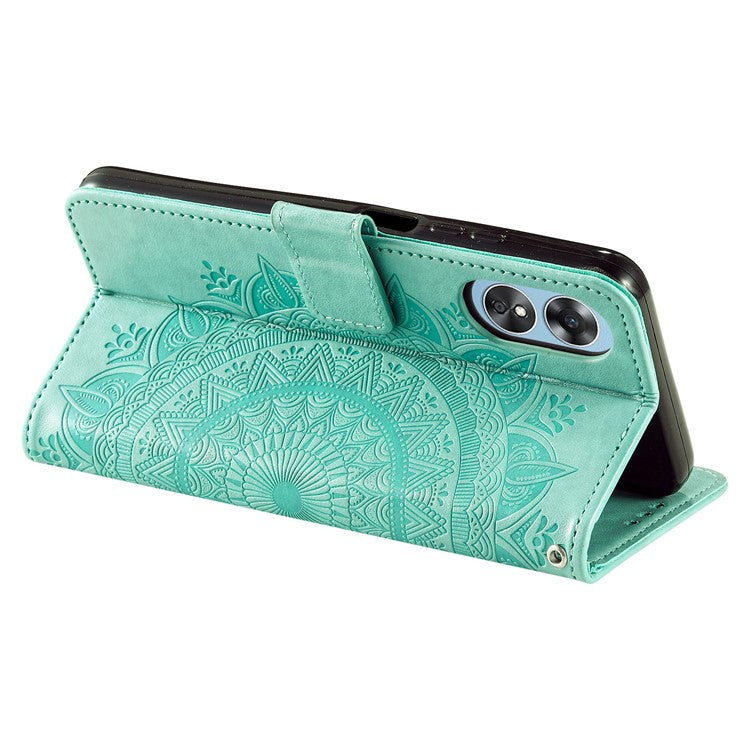 Mandala Flower Imprinted PU Leather Case for Oppo A17 4G / A17k 4G , Flip Stand Magnetic Clasp Protection Wallet Cover - Green