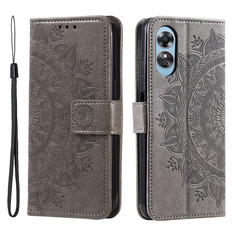 Mandala Flower Imprinted PU Leather Case for Oppo A17 4G / A17k 4G , Flip Stand Magnetic Clasp Protection Wallet Cover - Grey