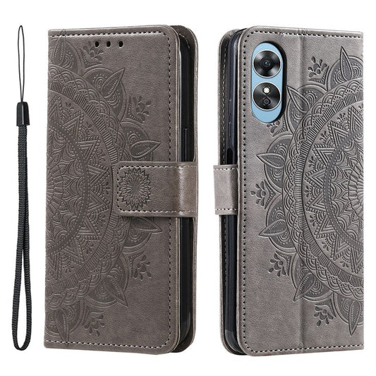 Mandala Flower Imprinted PU Leather Case for Oppo A17 4G / A17k 4G , Flip Stand Magnetic Clasp Protection Wallet Cover - Grey
