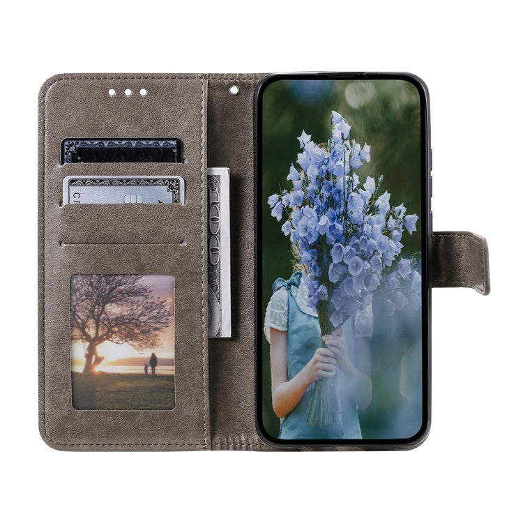 Mandala Flower Imprinted PU Leather Case for Oppo A17 4G / A17k 4G , Flip Stand Magnetic Clasp Protection Wallet Cover - Grey