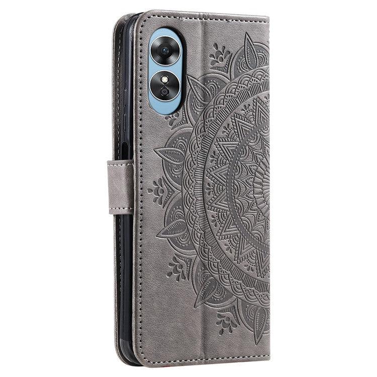 Mandala Flower Imprinted PU Leather Case for Oppo A17 4G / A17k 4G , Flip Stand Magnetic Clasp Protection Wallet Cover - Grey