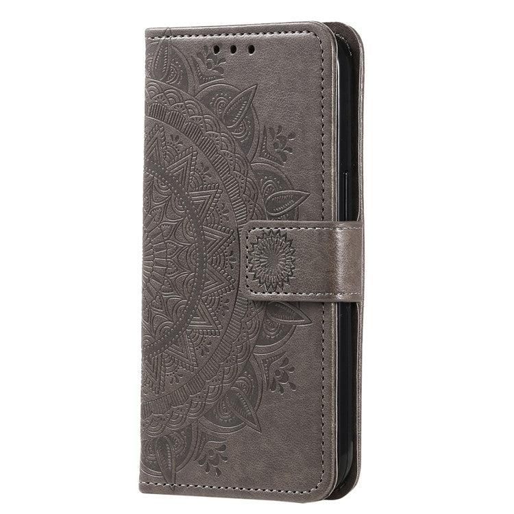 Mandala Flower Imprinted PU Leather Case for Oppo A17 4G / A17k 4G , Flip Stand Magnetic Clasp Protection Wallet Cover - Grey
