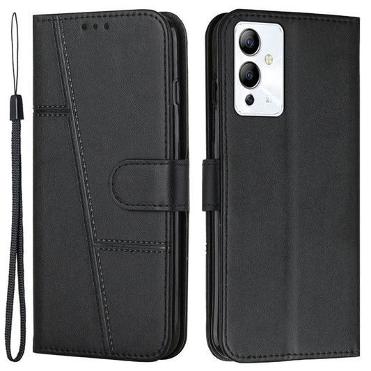 For Infinix Note 12i Stitching PU Leather Phone Cover Wallet Foldable Stand Full Protection Folio Flip Smartphone Case with Strap - Black