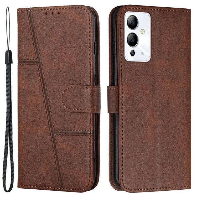 For Infinix Note 12i Stitching PU Leather Phone Cover Wallet Foldable Stand Full Protection Folio Flip Smartphone Case with Strap - Brown
