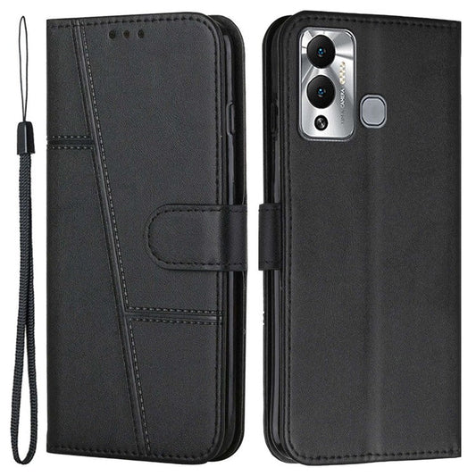 For Infinix Hot 12 Play 4G Stitching PU Leather Wallet Phone Case Magnetic Clasp Foldable Stand Cover with Strap - Black